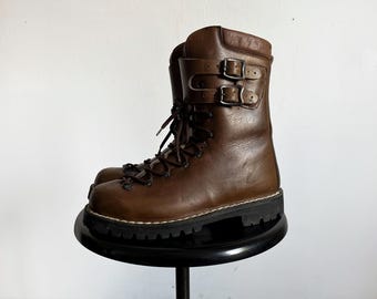 Vintage 70s Italian Army Boots, Brown Leather Buckle Combat Boots, EU 40 US M 7.5