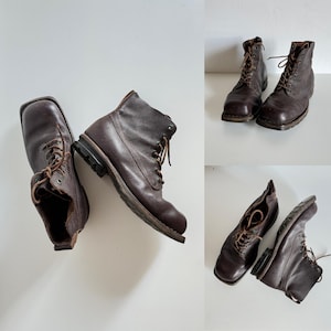 60s vintage Swedish army distressed leather patina brown boots 1960s military M59 square toe avant garde chunky combat shoes lot