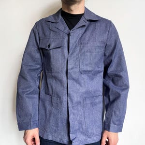 vintage work jacket, French workwear, Swiss Sanfor salt pepper blue chore coat, size 50, M, L