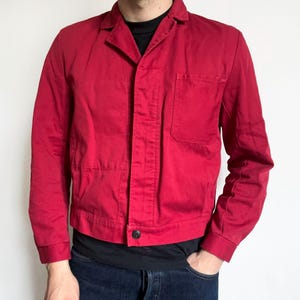 french cyclist work jacket, vintage 80s French workwear, Sanfor utility short burgundy dark red chore jacket, made in France, size 48, S - M