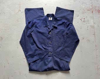 60s sanforized coveralls, vintage British navy blue twill utility jumpsuit, mechanic repair dungarees, made in Hong Kong, size men's S / M