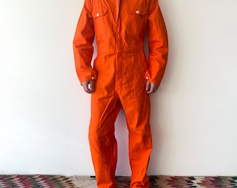 vintage mechanic jumpsuit, vintage 60s Swedish Fristads orange utility coveralls suit, size C 60, XL