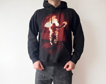 Vintage 00s y2k Rammstein Burning Man Overprint Worn Faded Hoodie Size L |A