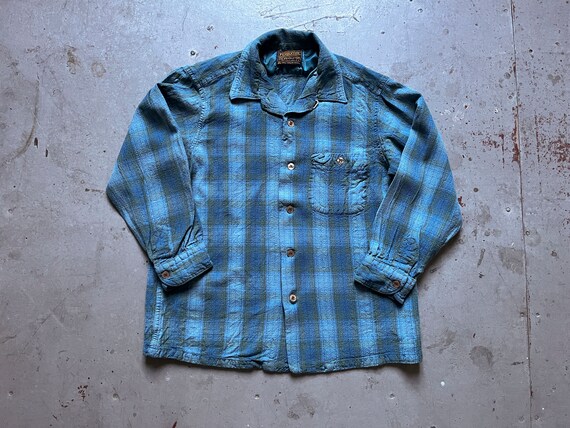 60s 70s Vintage Pendleton Blue Green Wool Check Plaid Button Board 