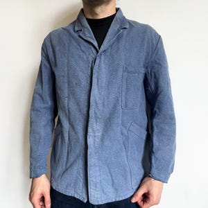 faded work jacket, French workwear, vintage Sanfor Swiss army salt pepper worn blue chore coat, size L