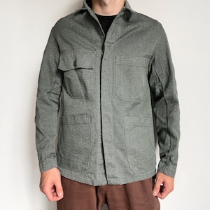 vintage work jacket, French workwear, Swiss Sanfor olive green gray salt pepper chore coat, size 52, M / L