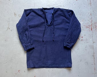 Camicia da lavoro vintage anni '60 svizzera in cotone blu indaco con mezza abbottonatura, taglia S