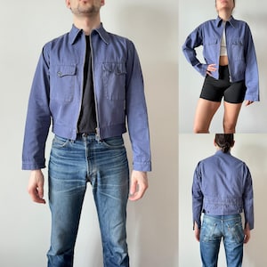 German vintage euro cyclist faded blue workwear work style French sanfor short chore zip up jacket size EU 46 fits like S lot