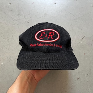 90s repair service hat, vintage E&R trailer parts embroidery black corduroy strap back trucker cap, made in USA