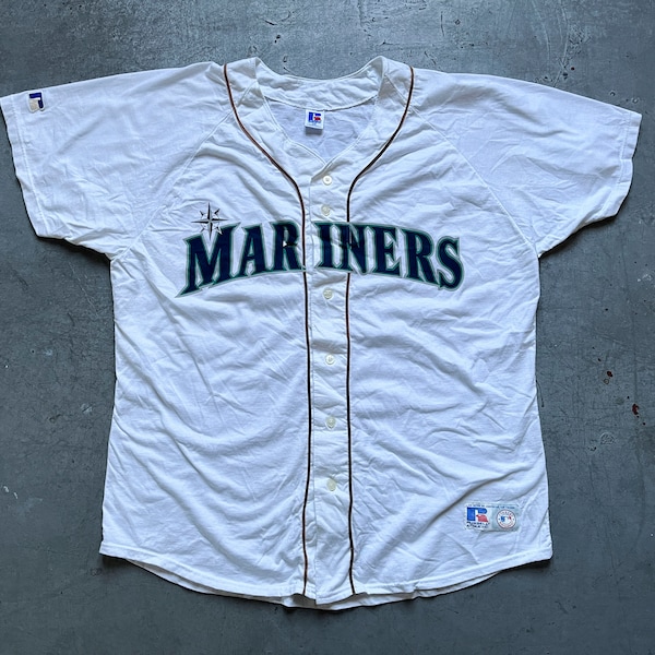80s 90s Vintage Russell Athletics Mariners Baseball Sport Button Jersey Shirt Size XXL