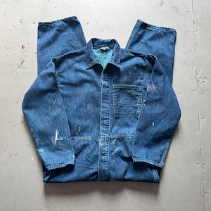 British denim coveralls, vintage 70s Astronaut stonewashed blue worn stained workwear jumpsuit, mechanic painter dungarees, size men&#39;s S