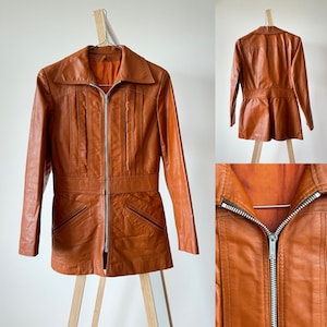60s Spinney vintage genuine leather caramel brown England 1970s jacket with zip ,zipper lighting size fits XS lot