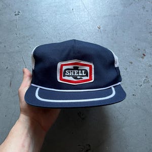 Shell Strickmütze, Vintage 80er Jahre Shell Oil Gas Logo Patch marineblau weiß Mesh Snapback Cap, made in taiwan