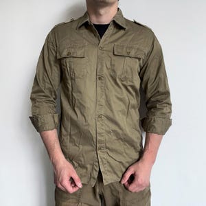 40s button shirt, vintage British or French army military cotton khaki beige tan utility button up shirt, size M