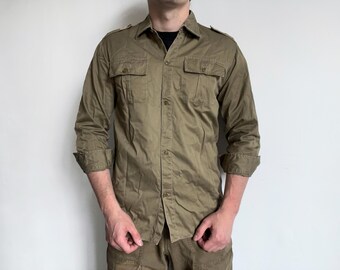 40s button shirt, vintage British or French army military cotton khaki beige tan utility button up shirt, size M