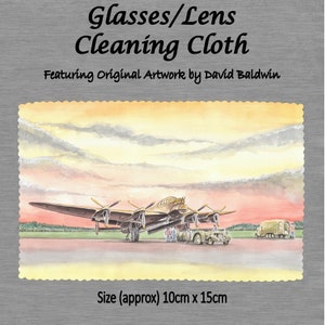 May include: A glasses cleaning cloth featuring a watercolor painting of a vintage airplane against a sunset sky. The cloth is approximately 10 inches by 15 inches.
