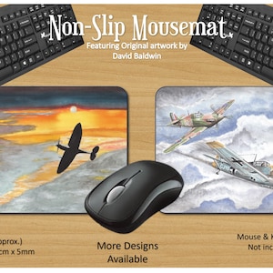 May include: Non-slip mousemat featuring original artwork by David Baldwin. The mat displays two aviation-themed designs. One shows a silhouette of a plane against a sunset, and the other features two fighter planes. The mousepad is approximately 7.5 inches x 9 inches x 0.2 inches.
