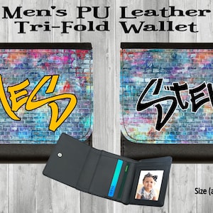 Cartera para hombre personalizada de cuero PU con tríptico, grafiti brillante, cualquier nombre