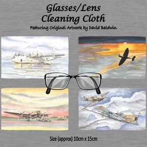 May include: Four watercolor paintings of vintage airplanes on a set of four glasses cleaning cloths. The cloths are 10 inches by 15 inches. The text "Glasses/Lens Cleaning Cloth" and "Featuring Original Artwork by David Baldwin" is printed on the top of the image.