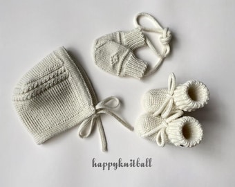 Merino Wool Knit Baby Set: Bonnet, Mittens & Booties