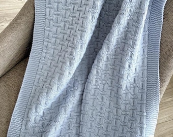 Handknit Light Blue Merino Wool Baby Blanket: Soft Newborn Blanket