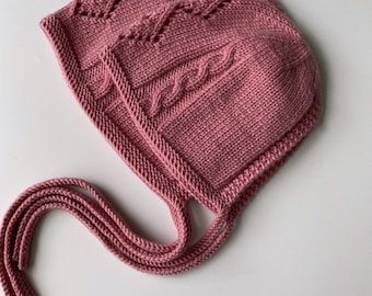 Handknit Merino Wool Baby Bonnet: Cable Knit Rose Beige Newborn