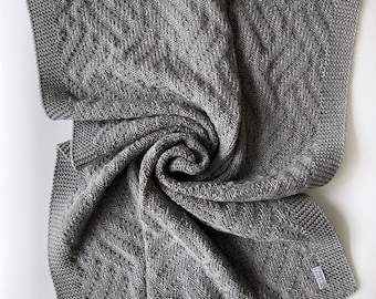 Hand Knit Merino Wool Baby Blanket: Grey Cable Knit, 24" x 31"