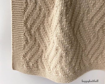 Hand Knit Merino Wool Baby Blanket: Light Beige Diamond Pattern