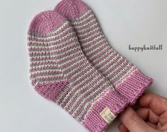 Handmade Merino Wool Baby Socks: Pink Cable Knit Kids Winter Socks