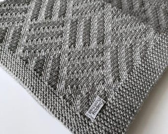 Hand Knit Merino Wool Baby Blanket: Grey Cable Knit, 24" x 31"