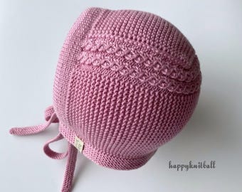 Hand Knit Merino Wool Baby Bonnet: Cable Knit Pink Winter Hat (1-2 Years)