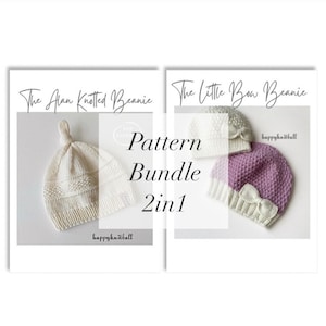 May include: Two digital pattern bundles for knitted baby beanies. One bundle features a cream-coloured beanie with a knotted top. The other bundle shows two beanies, one grey and one purple, each with a bow.
