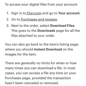 May include: An informational text graphic titled Where can I find my digital purchases in my account? It provides numbered instructions for accessing digital files on Etsy.com, including steps to navigate to Purchases and reviews and select Download Files.