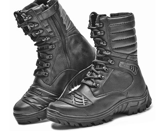 Black Leather Tactical Boots, Military Motorcycle Biker Boots