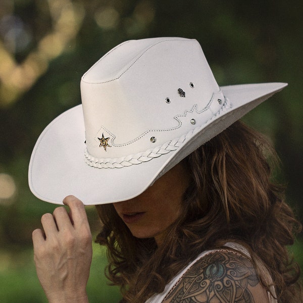 White Cowgirl Hat, Cowgirl Leather Hat, White Bride Cowboy Hat, Cowgirl Hat, Western Womens Hat, Leather Cowboy Hat, Western Hat