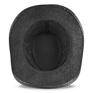 May include: Black leather cowboy hat with a wide brim and a smooth, textured surface. The hat has a small, round crown and a leather band around the base.