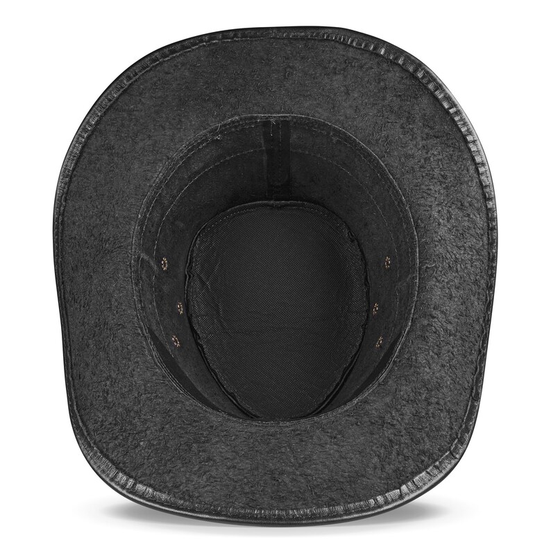 May include: Black leather cowboy hat with a wide brim and a smooth, textured surface. The hat has a small, round crown and a leather band around the base.