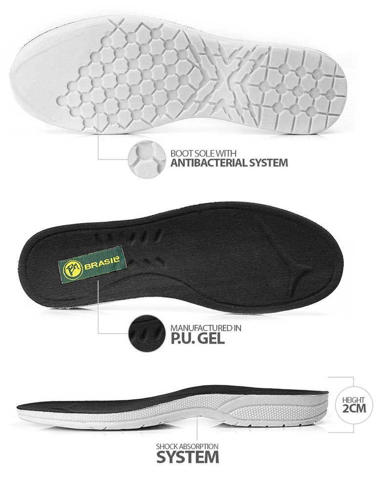 Puede incluir: Primer plano de la suela de un zapato que muestra las siguientes caracter&iacute;sticas: una plantilla negra con la palabra "BRASIL" en verde, una suela exterior blanca con un patr&oacute;n de panal y una suela intermedia blanca con el texto "BOOT SOLE WITH ANTIBACTERIAL SYSTEM", "MANUFACTURED IN P.U. GEL", "SHOCK ABSORPTION SYSTEM" y "HEIGHT 2CM".