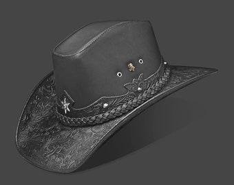 Floral Cowhide Cowboy Hat, Western Leather Cattleman Hat