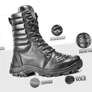 Puede incluir: Botas de moto de cuero negro con una altura de 26 cm. Las botas tienen una suela de goma antideslizante, un protector de moto y un ojal para cordones de nylon. Las botas est&aacute;n hechas de cuero genuino.