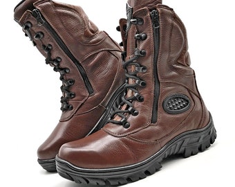 Combat Boots for Mens and Womens, Tactical Boots, Brown Leather Boots, Zipper Boots, Hunting Boots, Work Boots, Mid Calf Boots