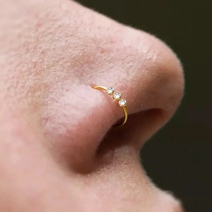 3 Diamonds Nose Ring, Nose Ring Hoop, 18K Gold Nose Ring, Nose Piercing Jewelry, Thin Nose Ring, Gold Nose Ring Hoop, Dayint Nose Ring