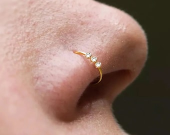 3 Diamonds Nose Ring, Nose Ring Hoop, 18K Gold Nose Ring, Nose Piercing Jewelry, Thin Nose Ring, Gold Nose Ring Hoop, Dayint Nose Ring