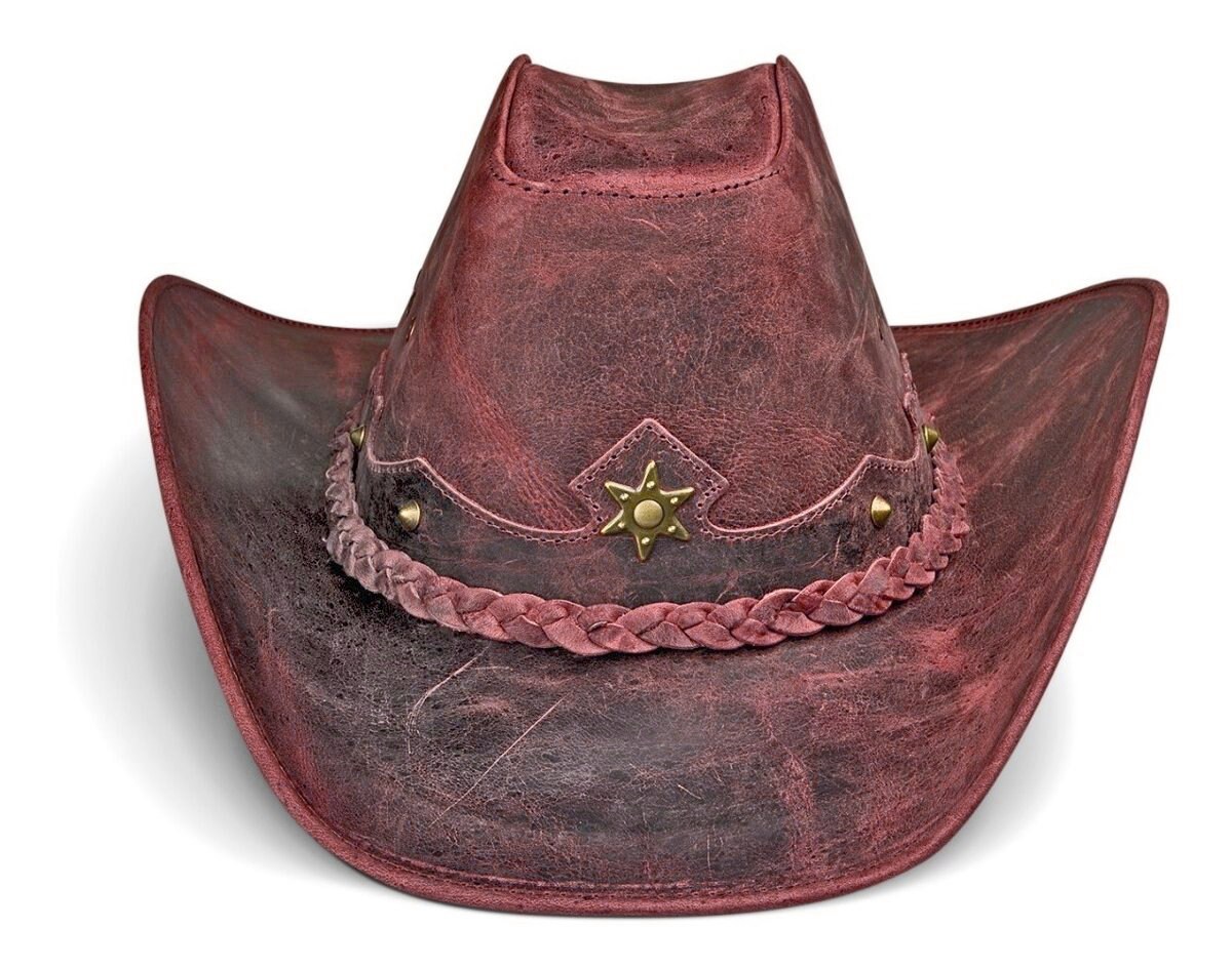 Distressed Leather Cowboy Hat Dark Red, Outback Western 