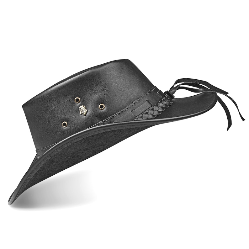May include: A black leather cowboy hat with a braided band and a small metal skull design.