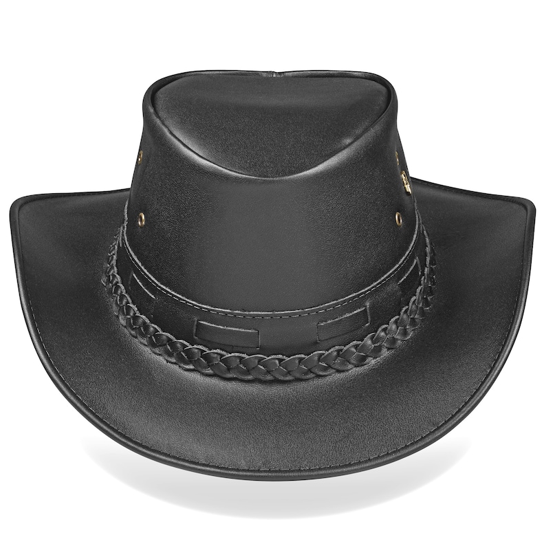 May include: A black leather cowboy hat with a braided band and a pointed crown.