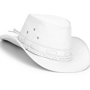 May include: A white leather cowboy hat with a braided band and a wide brim.
