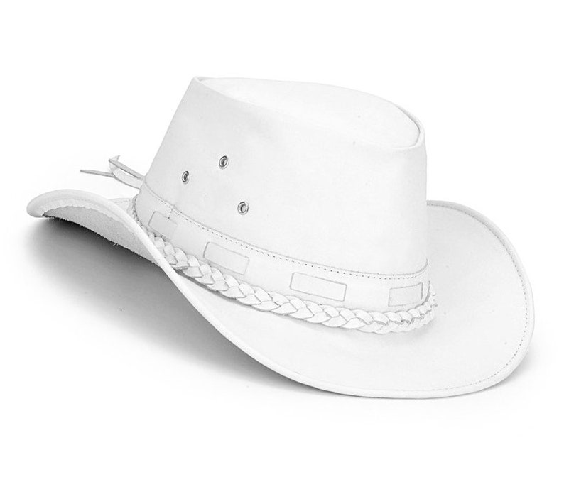 May include: A white leather cowboy hat with a braided band and a wide brim.