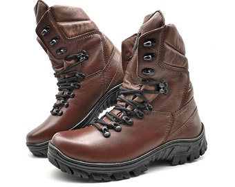 Brown Leather Combat Boots, Tactical Boots, Lace Up Boots, Boots for Mens and Womens, Work Boots