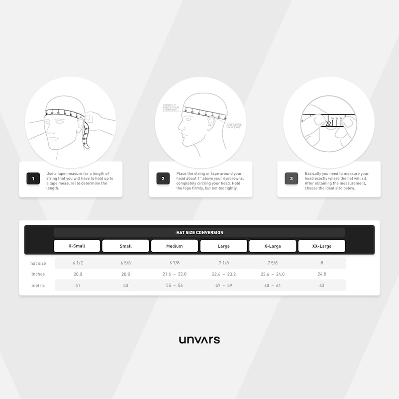 May include: A diagram showing how to measure your head for a hat. The diagram shows a person using a tape measure to measure their head. The diagram also includes a chart showing hat sizes in inches and centimeters.